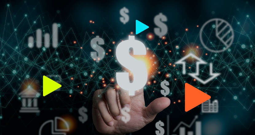 Mão tocando símbolo de dólar com gráficos financeiros