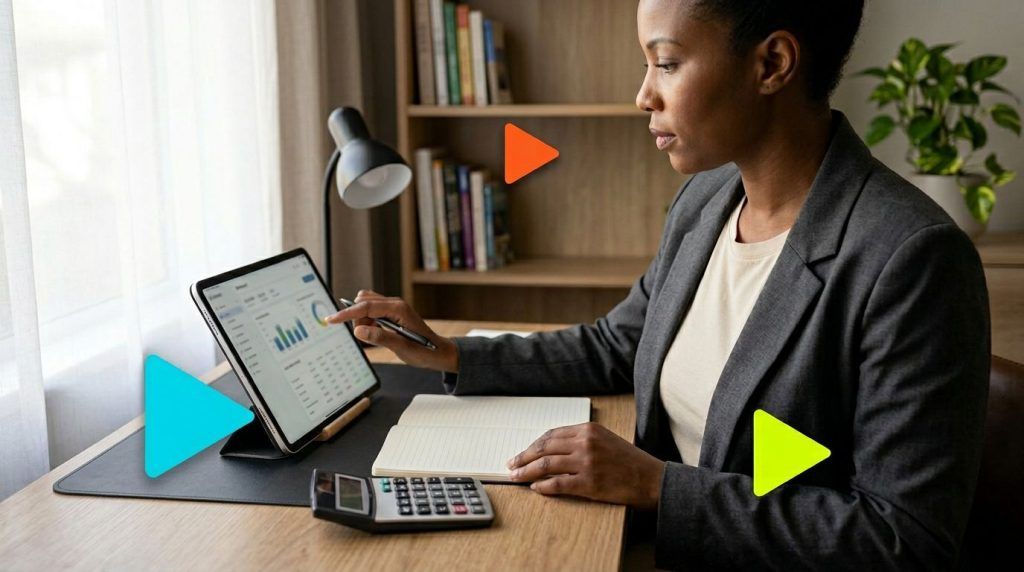 Mulher analisando dados em tablet no escritório