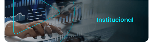 Capa da seção Institucional: mão sobre teclado com gráficos e painéis digitais projetados, com o texto Institucional em destaque.